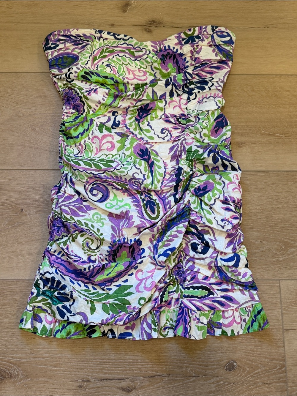 Zara Cream, Green & Purple Floral Paisley Strapless Linen Blend Mini Dress